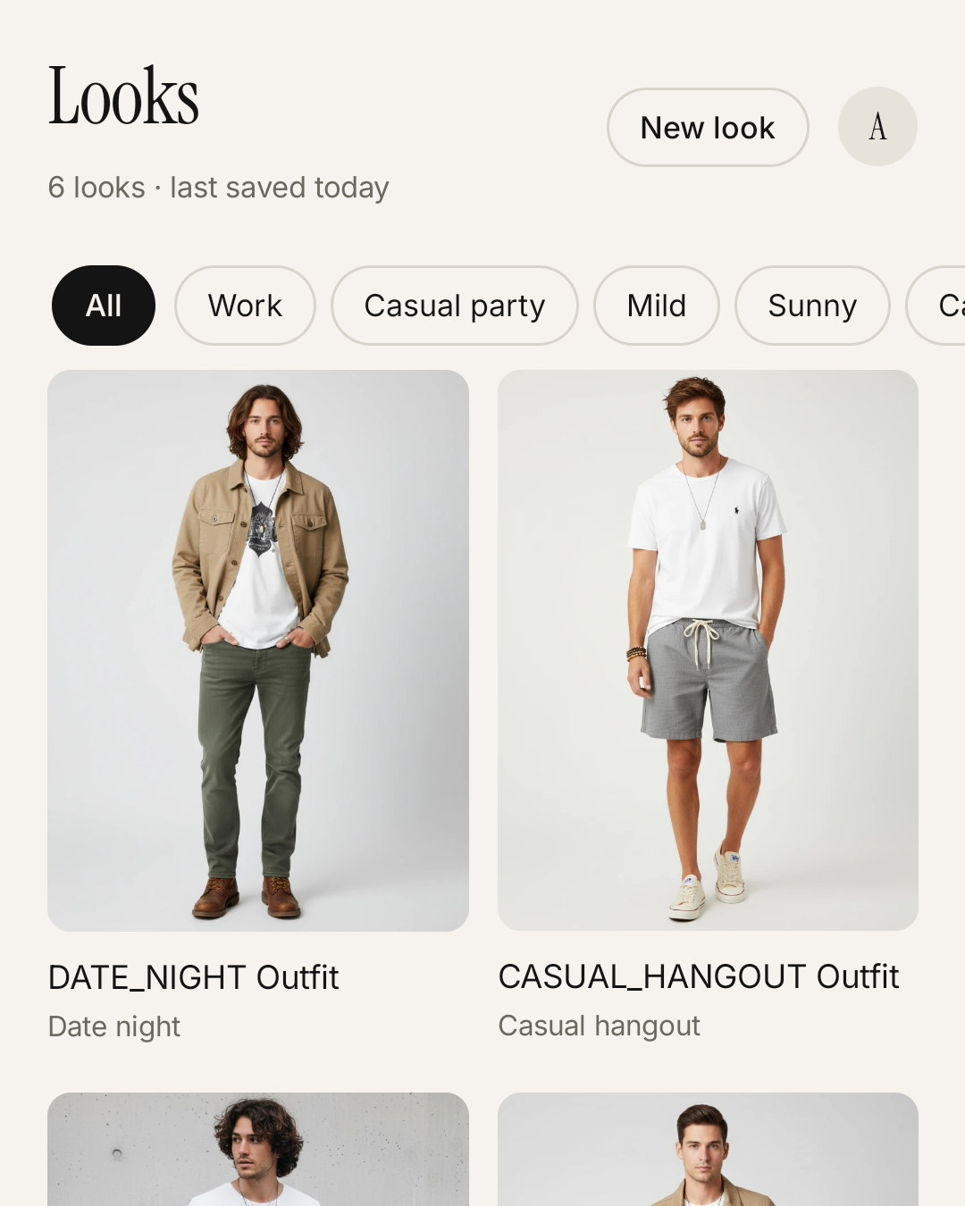 Trond's Looks screen: saved outfits shown on generated models, labeled by occasion such as date night and casual hangout.