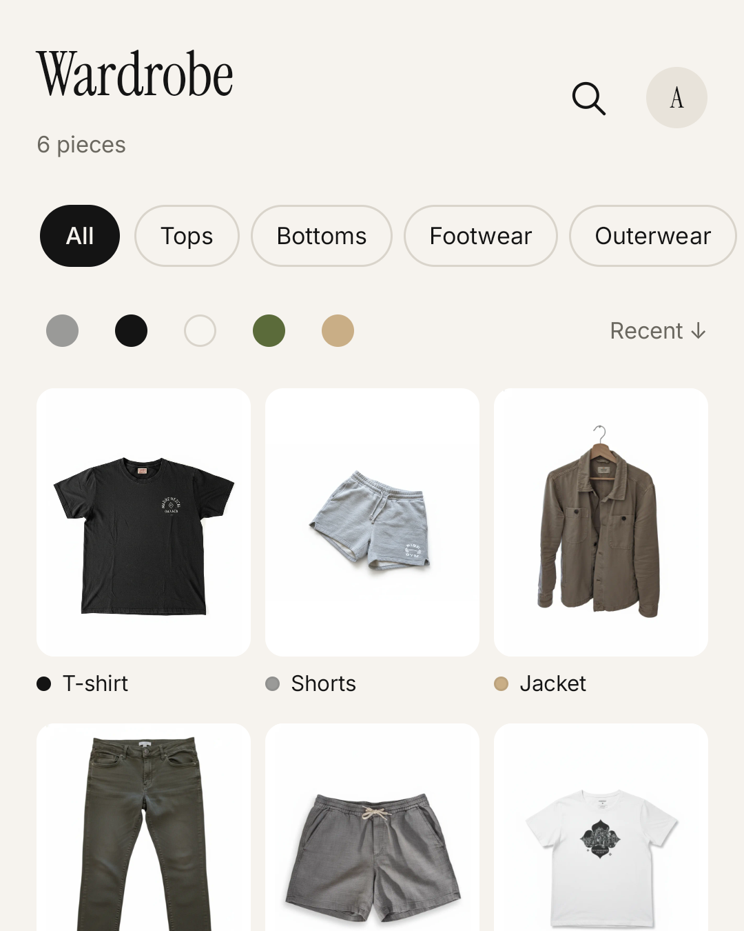 Trond's Wardrobe screen: six pieces of clothing in a grid, with filters for category and color above.